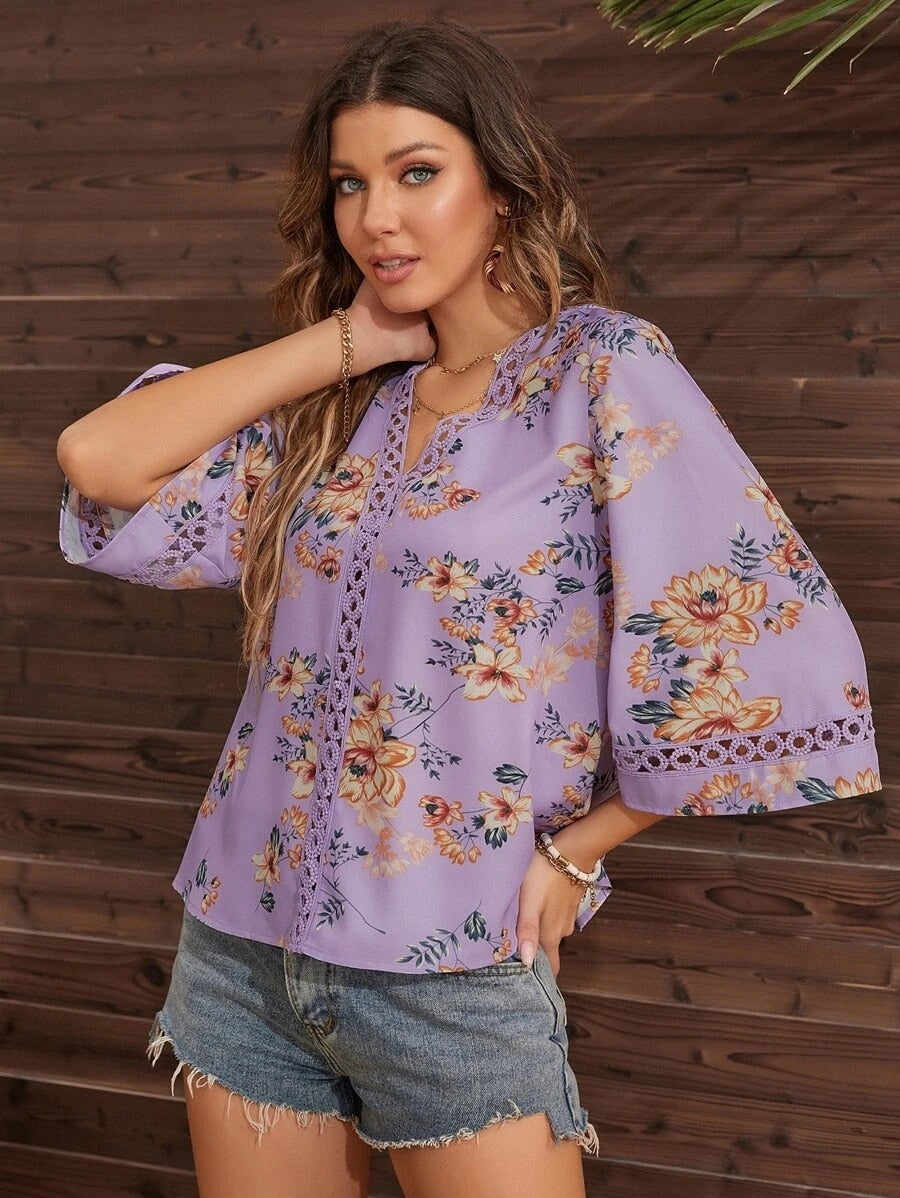 Blouses- Women's Floral Bell Sleeve Lace V-Neck Blouse Top- - IndioGear Fashion and Gear