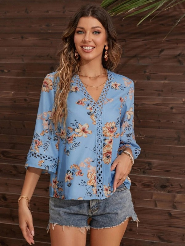 Blouses- Women's Floral Bell Sleeve Lace V-Neck Blouse Top- Blue- IndioGear Fashion and Gear