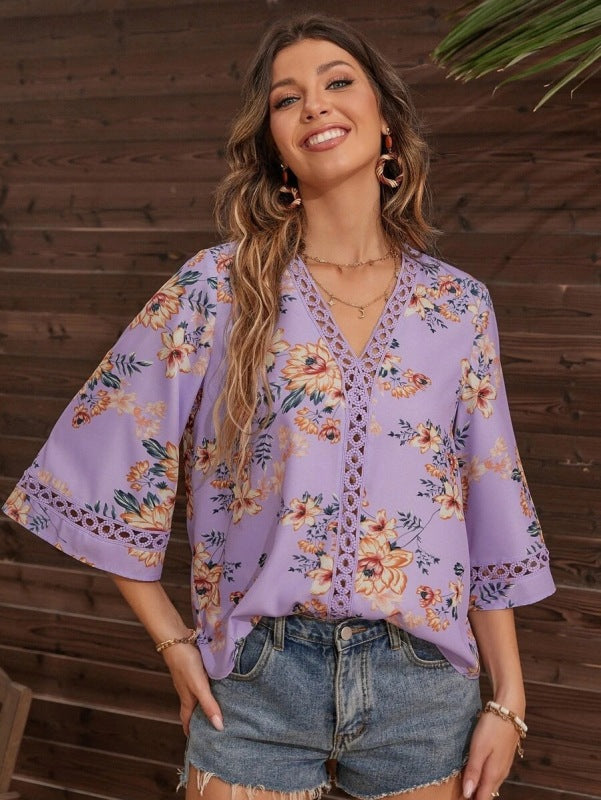 Blouses- Women's Floral Bell Sleeve Lace V-Neck Blouse Top- Purple- IndioGear Fashion and Gear