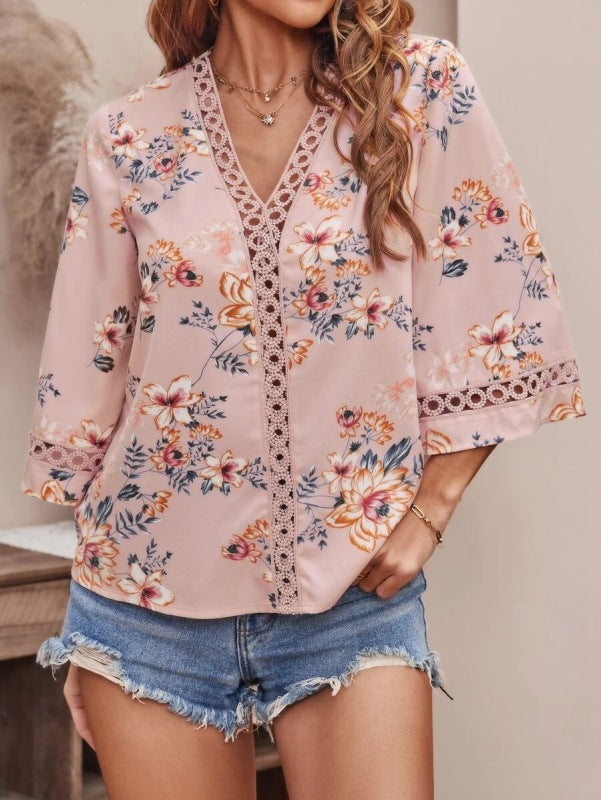 Blouses- Women's Floral Bell Sleeve Lace V-Neck Blouse Top- Pink- IndioGear Fashion and Gear