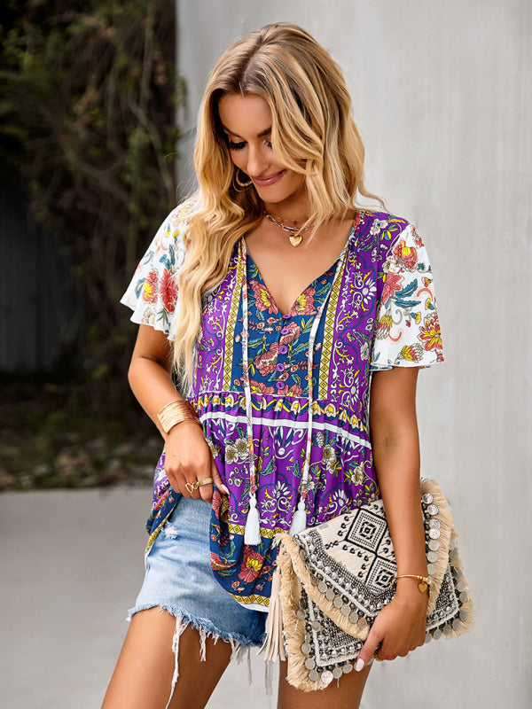 Blouses- Women's Floral Blouse: Buttons, Drawstring Neck - Radiate Charm!- - Pekosa Women Clothing