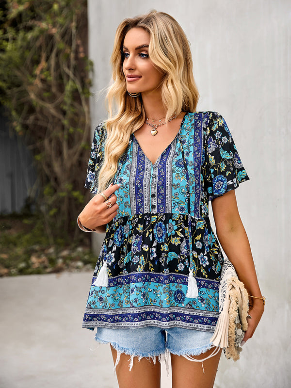 Blouses- Women's Floral Blouse: Buttons, Drawstring Neck - Radiate Charm!- - Pekosa Women Clothing