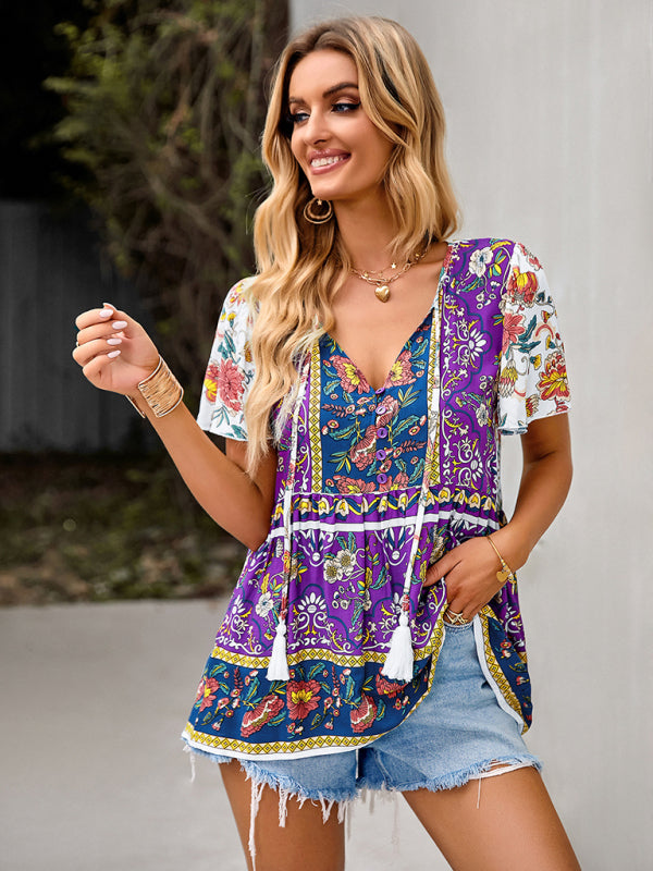 Blouses- Women's Floral Blouse: Buttons, Drawstring Neck - Radiate Charm!- Purple- Pekosa Women Clothing