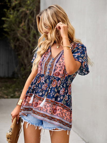 Blouses- Women's Floral Blouse: Buttons, Drawstring Neck - Radiate Charm!- - Pekosa Women Clothing