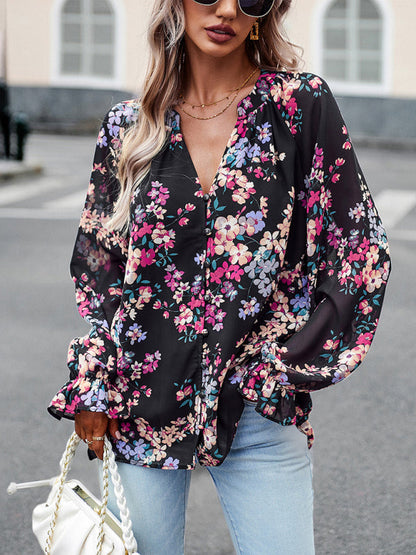 Blouses- Women's Floral Button Down Blouse - Elegant Lantern Sleeve V Neck Top- Black- IndioGear Fashion and Gear