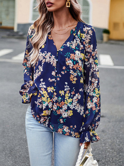 Blouses- Women's Floral Button Down Blouse - Elegant Lantern Sleeve V Neck Top- Purplish blue navy- IndioGear Fashion and Gear