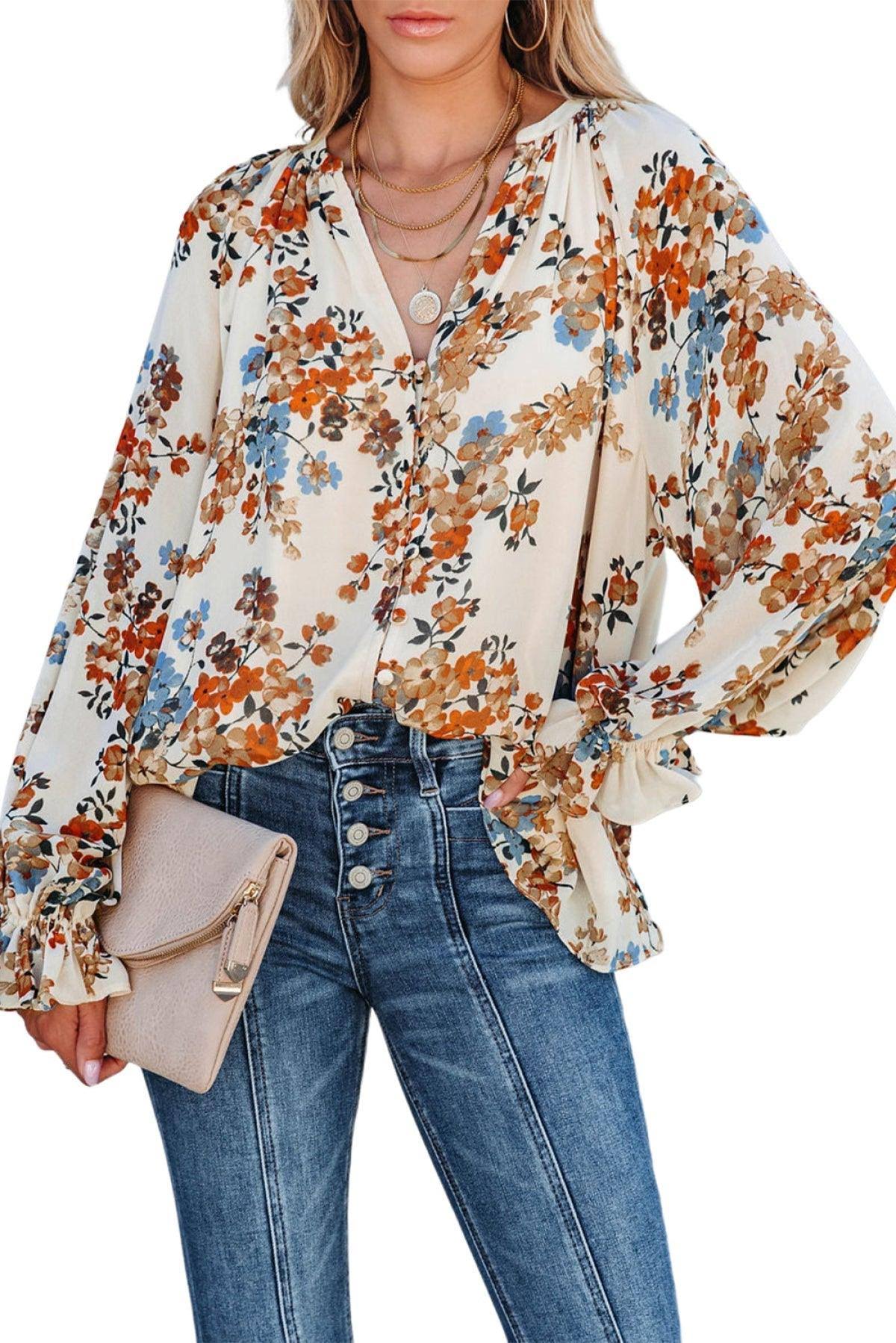 Blouses- Women's Floral Button Down Blouse - Elegant Lantern Sleeve V Neck Top- - IndioGear Fashion and Gear