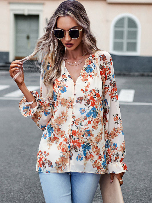 Blouses- Women's Floral Button Down Blouse - Elegant Lantern Sleeve V Neck Top- Cracker khaki- IndioGear Fashion and Gear