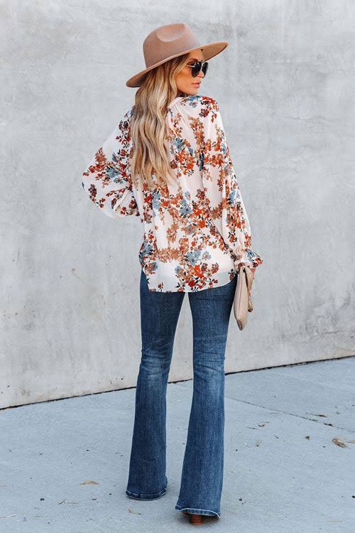 Blouses- Women's Floral Button Down Blouse - Elegant Lantern Sleeve V Neck Top- - IndioGear Fashion and Gear