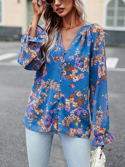 Blouses- Women's Floral Button Down Blouse - Elegant Lantern Sleeve V Neck Top- Blue- IndioGear Fashion and Gear