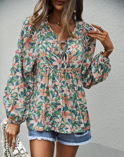 Blouses- Women's Floral Tunic Print Top with Long Sleeves & Neck Tie- - IndioGear Fashion and Gear