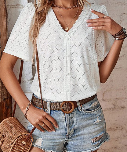 Blouses- Women's Lace Accent Blouse - Chic Style Eyelet Short Puff Sleeves Top- - IndioGear Fashion and Gear