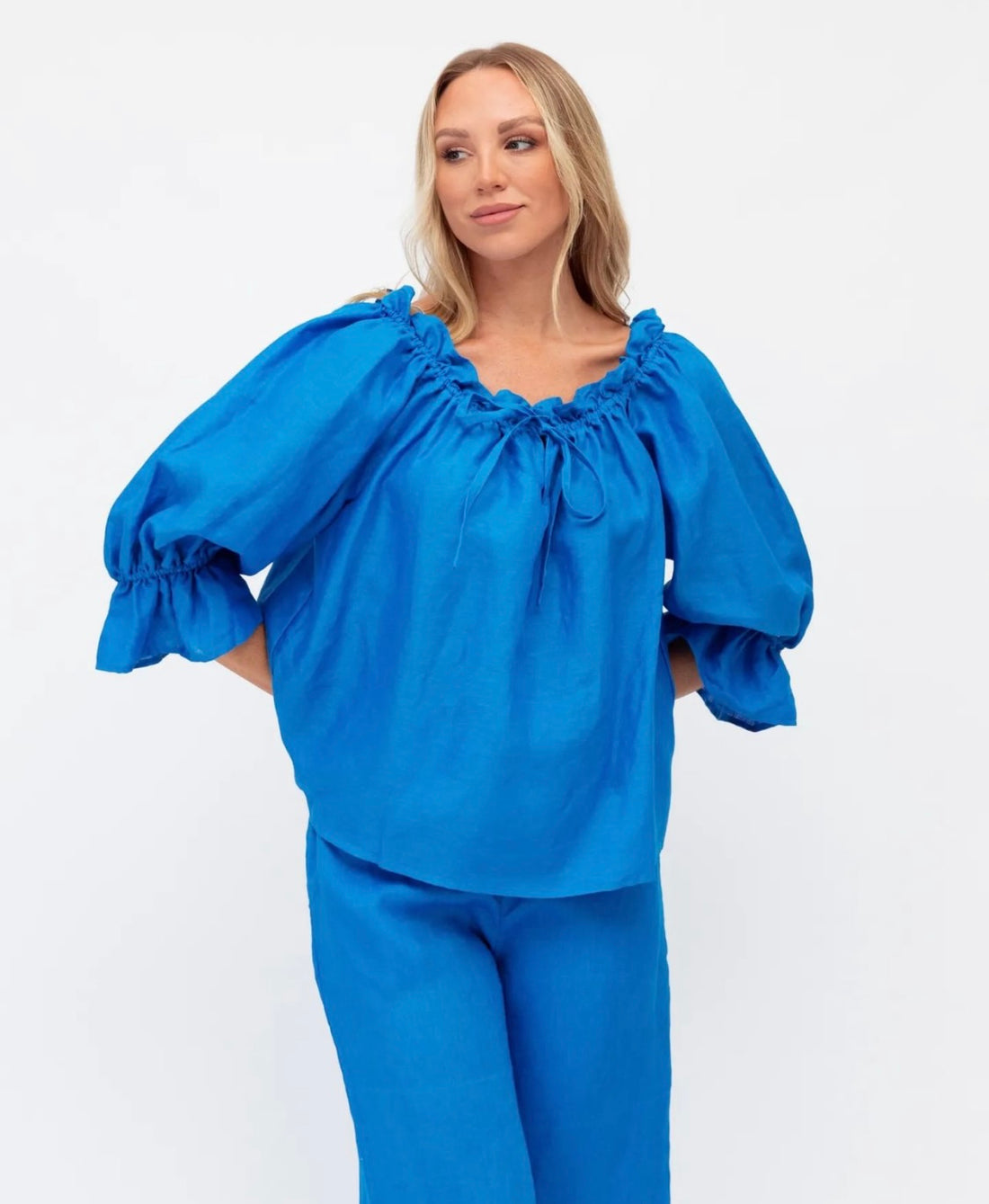 Blouses- Women's Off-Shoulder Ruffle Blouse with Loose Fit & Balloon Sleeves- - IndioGear Fashion and Gear