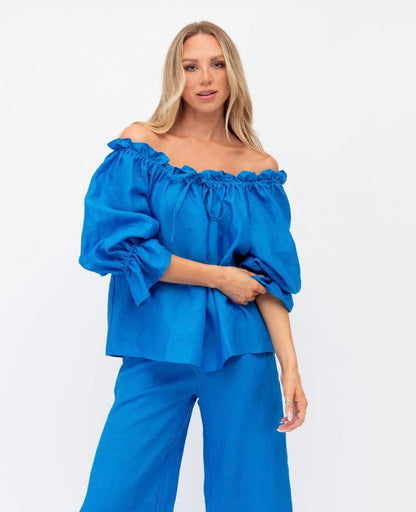 Blouses- Women's Off-Shoulder Ruffle Blouse with Loose Fit & Balloon Sleeves- - IndioGear Fashion and Gear