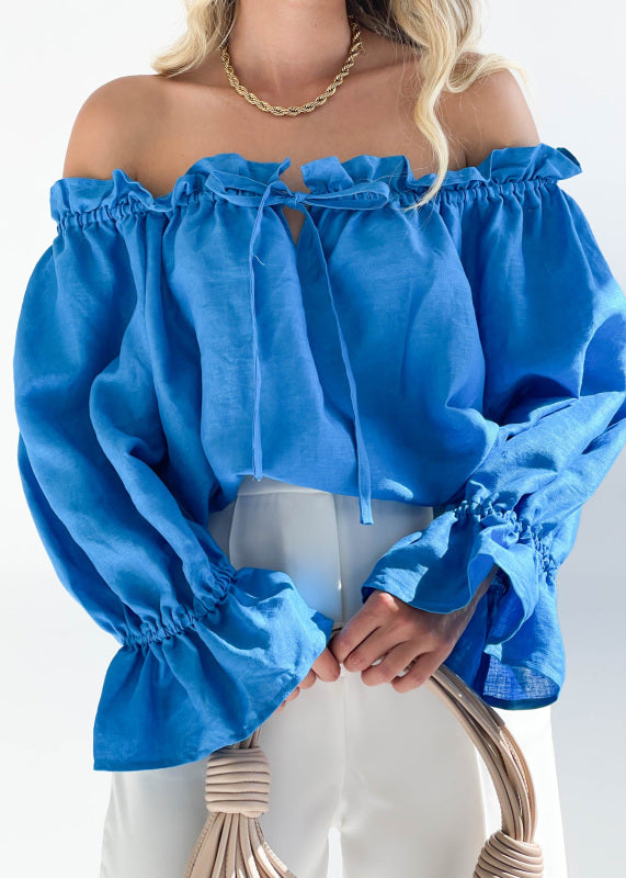 Blouses- Women's Off-Shoulder Ruffle Blouse with Loose Fit & Balloon Sleeves- Blue- IndioGear Fashion and Gear