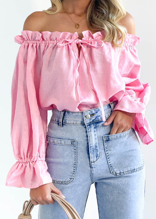 Blouses- Women's Off-Shoulder Ruffle Blouse with Loose Fit & Balloon Sleeves- - IndioGear Fashion and Gear