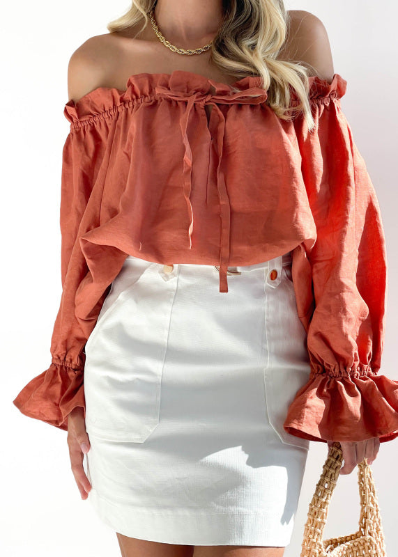 Blouses- Women's Off-Shoulder Ruffle Blouse with Loose Fit & Balloon Sleeves- Brick red- IndioGear Fashion and Gear