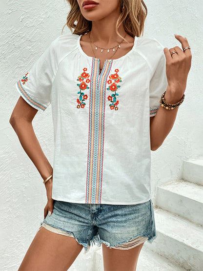 Blouses- Women's Short Sleeve Blouse with Embroidered Florals- - IndioGear Fashion and Gear