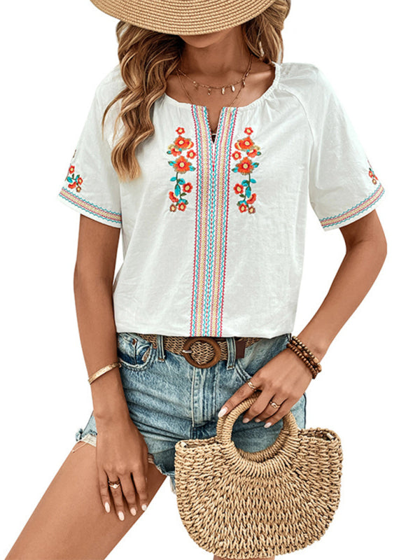 Blouses- Women's Short Sleeve Blouse with Embroidered Florals- - IndioGear Fashion and Gear