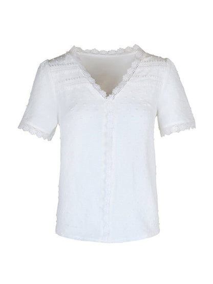 Blouses- Women's Swiss Dot Guipure Lace Blouse - Contrast V-neck Top- - IndioGear Fashion and Gear