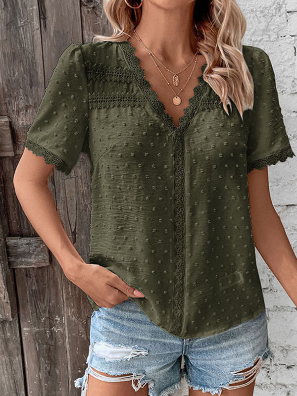 Blouses- Women's Swiss Dot Guipure Lace Blouse - Contrast V-neck Top- - IndioGear Fashion and Gear