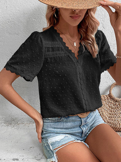 Blouses- Women's Swiss Dot Guipure Lace Blouse - Contrast V-neck Top- Black- IndioGear Fashion and Gear