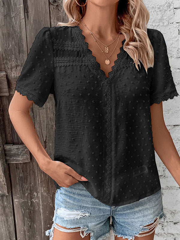 Blouses- Women's Swiss Dot Guipure Lace Blouse - Contrast V-neck Top- - IndioGear Fashion and Gear