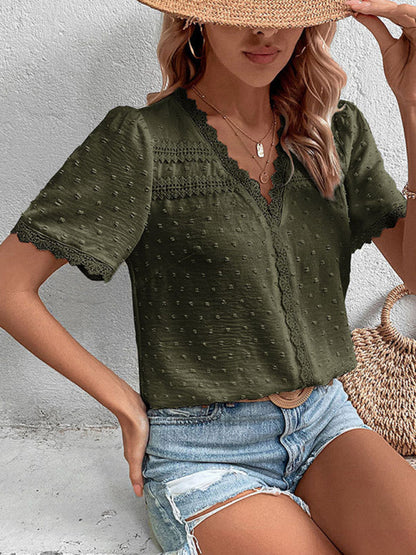 Blouses- Women's Swiss Dot Guipure Lace Blouse - Contrast V-neck Top- Green- IndioGear Fashion and Gear