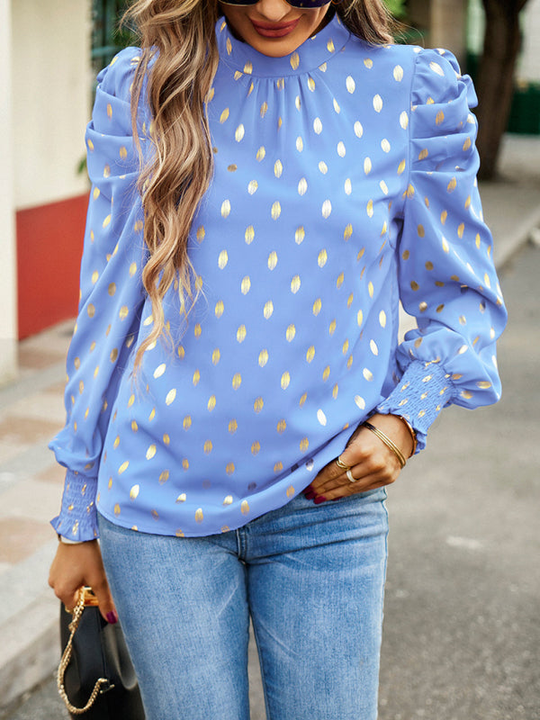 Blouses- Women's Tunic Top with Gold Polka Dot Stand Neck for Elegant Occasions- - IndioGear Fashion and Gear