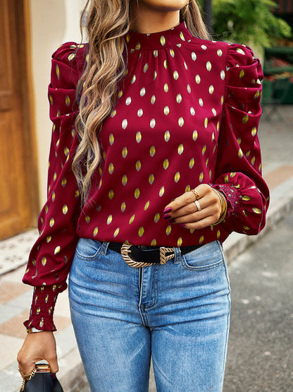 Blouses- Women's Tunic Top with Gold Polka Dot Stand Neck for Elegant Occasions- - IndioGear Fashion and Gear