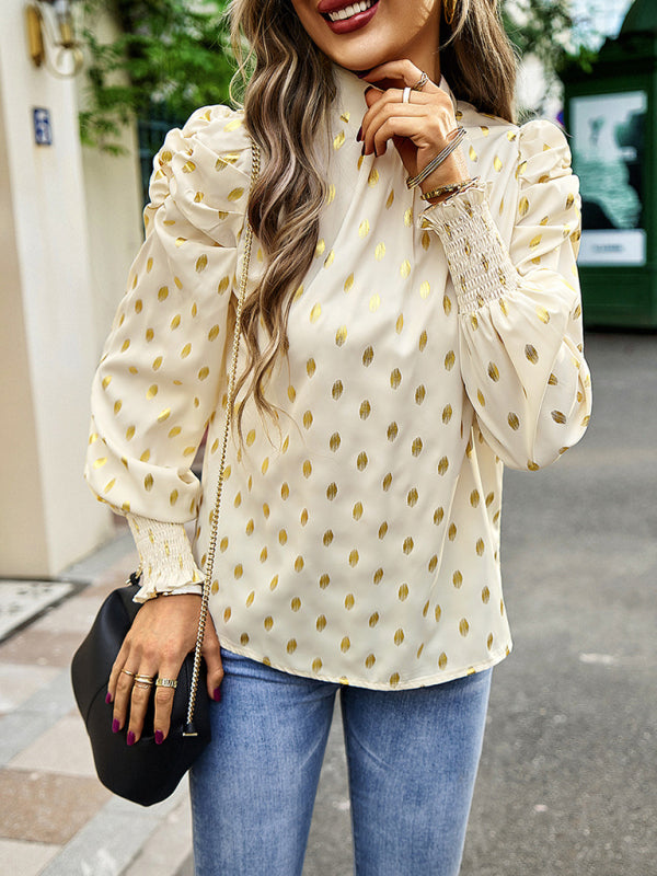 Blouses- Women's Tunic Top with Gold Polka Dot Stand Neck for Elegant Occasions- - IndioGear Fashion and Gear