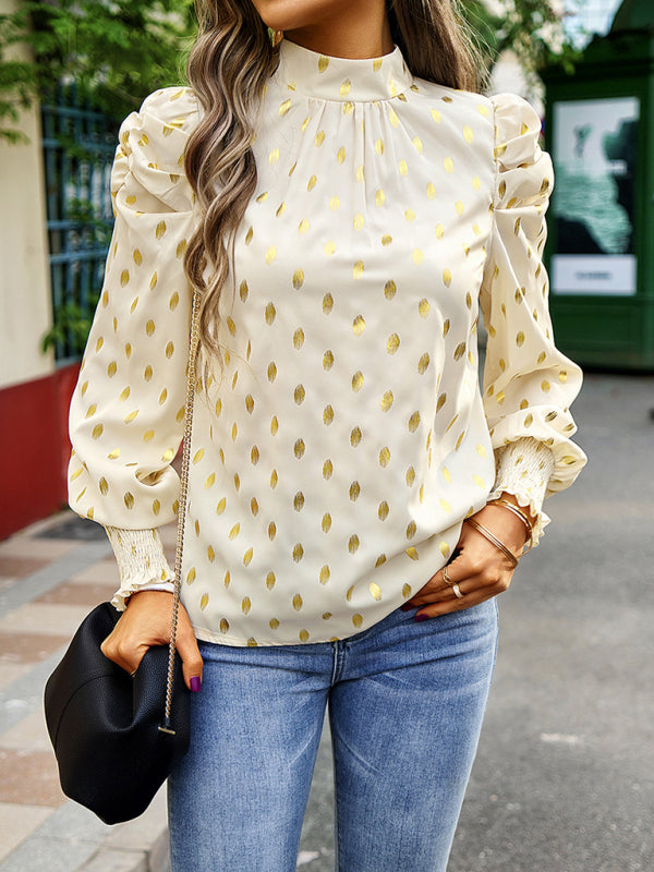 Blouses- Women's Tunic Top with Gold Polka Dot Stand Neck for Elegant Occasions- - IndioGear Fashion and Gear