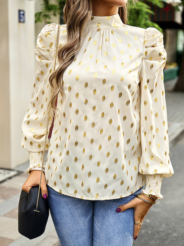 Blouses- Women's Tunic Top with Gold Polka Dot Stand Neck for Elegant Occasions- - IndioGear Fashion and Gear