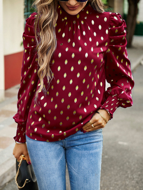 Blouses- Women's Tunic Top with Gold Polka Dot Stand Neck for Elegant Occasions- - IndioGear Fashion and Gear