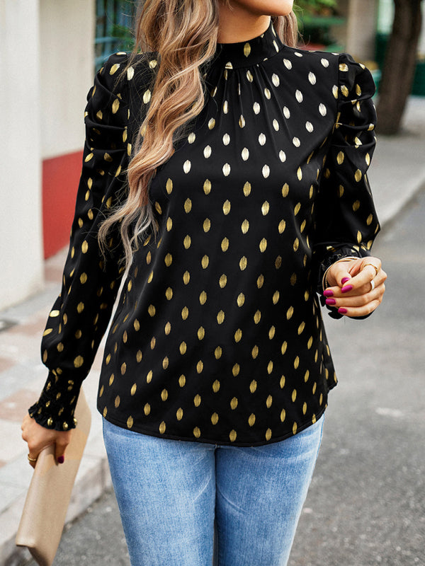 Blouses- Women's Tunic Top with Gold Polka Dot Stand Neck for Elegant Occasions- - IndioGear Fashion and Gear