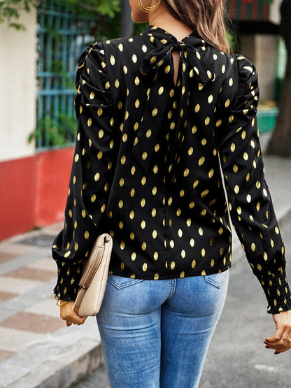 Blouses- Women's Tunic Top with Gold Polka Dot Stand Neck for Elegant Occasions- - IndioGear Fashion and Gear