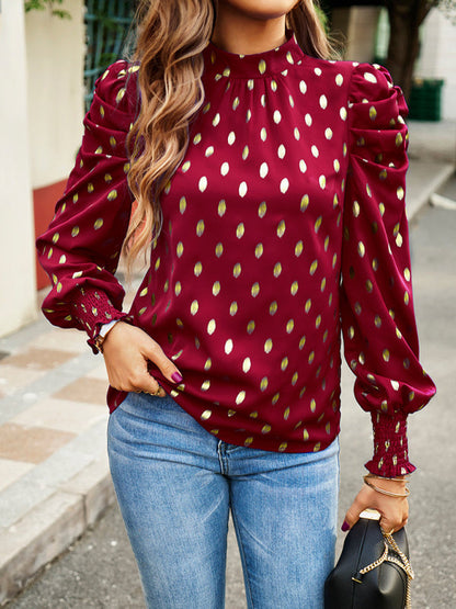 Blouses- Women's Tunic Top with Gold Polka Dot Stand Neck for Elegant Occasions- Wine Red- IndioGear Fashion and Gear