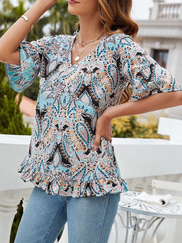 Blouses- Women's V Neck Bell Sleeve Ruffle Blouse - Add Elegance to Any Outfit- - IndioGear Fashion and Gear