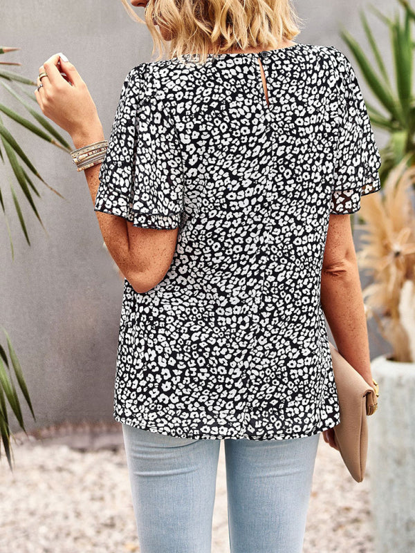 Blouses- Women's V-Neck Keyhole Blouse - Floral Double Layer Sleeve Top- - Pekosa Women Clothing