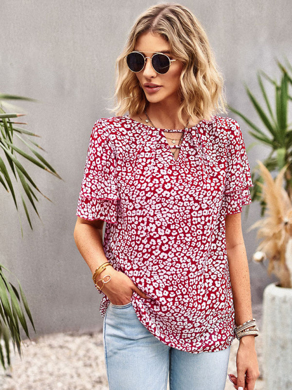 Blouses- Women's V-Neck Keyhole Blouse - Floral Double Layer Sleeve Top- - Pekosa Women Clothing