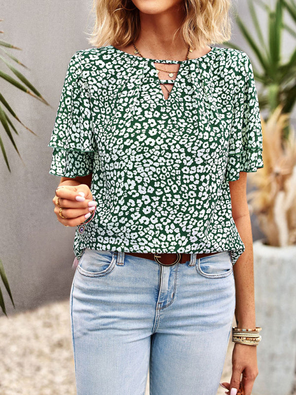 Blouses- Women's V-Neck Keyhole Blouse - Floral Double Layer Sleeve Top- - Pekosa Women Clothing