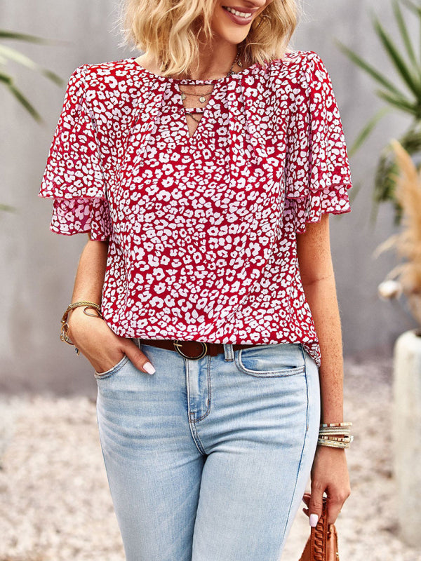 Blouses- Women's V-Neck Keyhole Blouse - Floral Double Layer Sleeve Top- - Pekosa Women Clothing