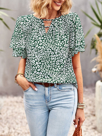 Blouses- Women's V-Neck Keyhole Blouse - Floral Double Layer Sleeve Top- Deep green- Pekosa Women Clothing