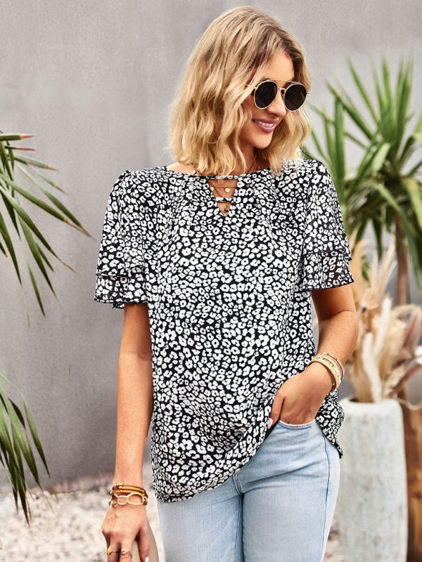 Blouses- Women's V-Neck Keyhole Blouse - Floral Double Layer Sleeve Top- - Pekosa Women Clothing