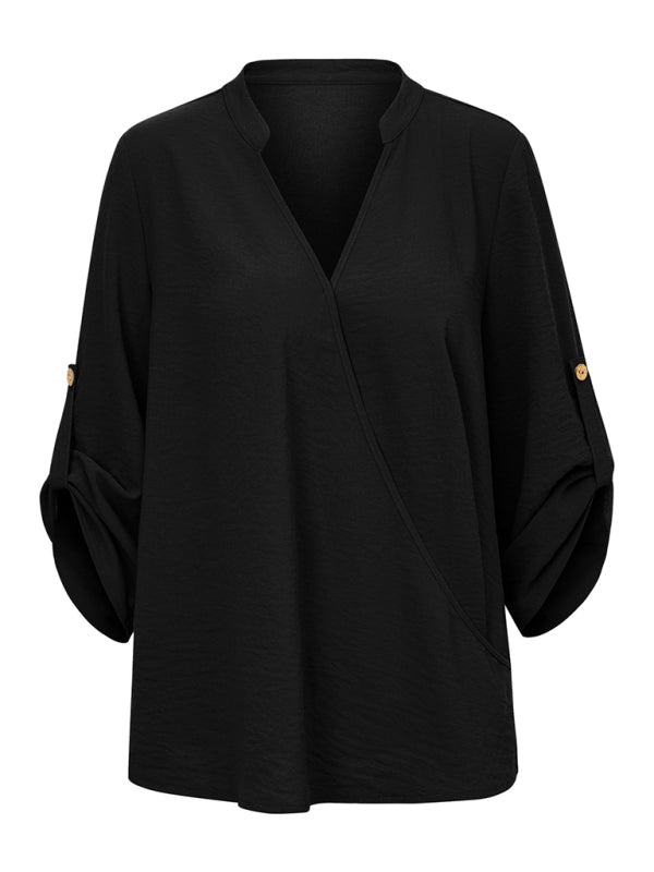 Blouses- Women's V Neck Roll Up Sleeves Blouse - Asymmetrical Top- - IndioGear Fashion and Gear