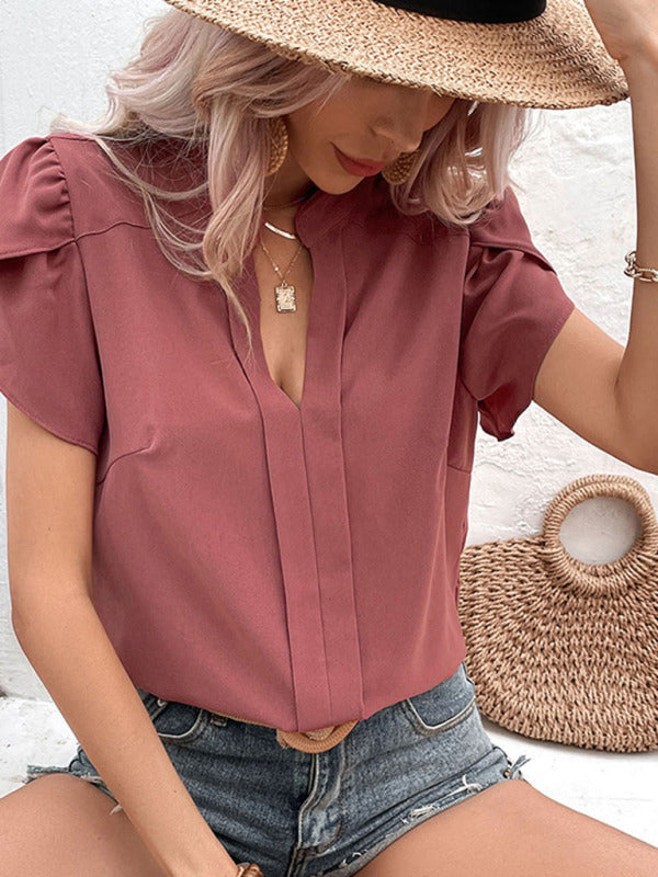 Blouses- Women's V Neck Top: Short Petal Sleeves Blouse, Multiple Occasions- Red- IndioGear Fashion and Gear