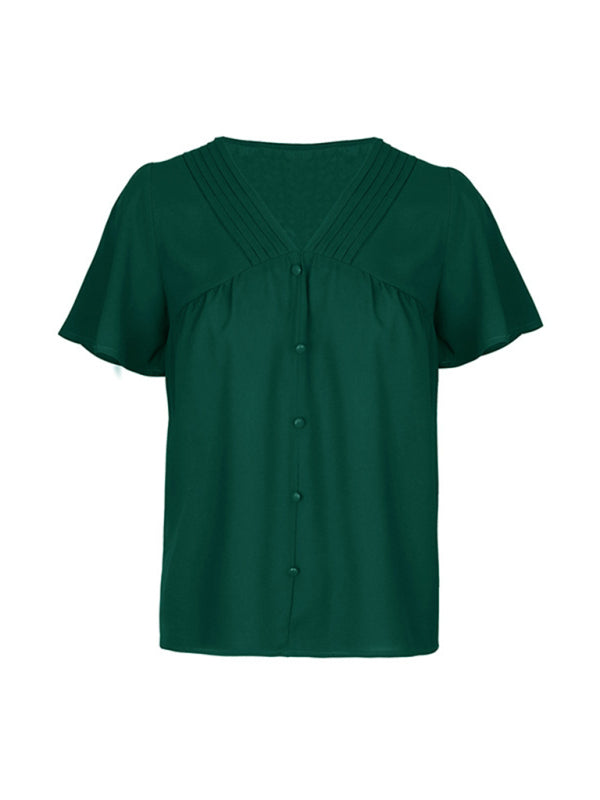 Blouses- Women's V-neck Flutter Sleeve Blouses - Button Front Tops- - IndioGear Fashion and Gear