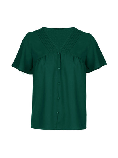 Blouses- Women's V-neck Flutter Sleeve Blouses - Button Front Tops- - IndioGear Fashion and Gear