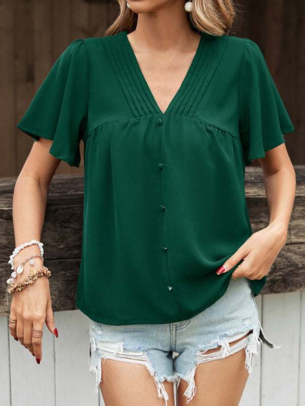 Blouses- Women's V-neck Flutter Sleeve Blouses - Button Front Tops- - IndioGear Fashion and Gear