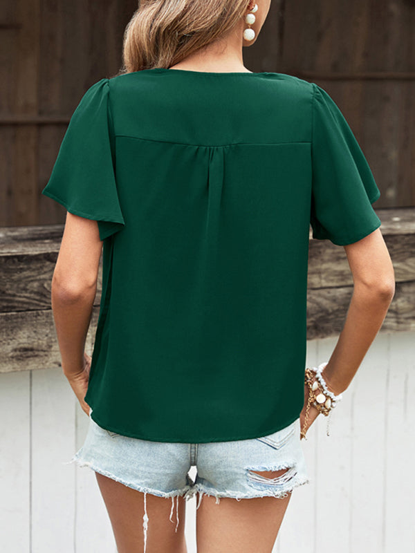 Blouses- Women's V-neck Flutter Sleeve Blouses - Button Front Tops- - IndioGear Fashion and Gear